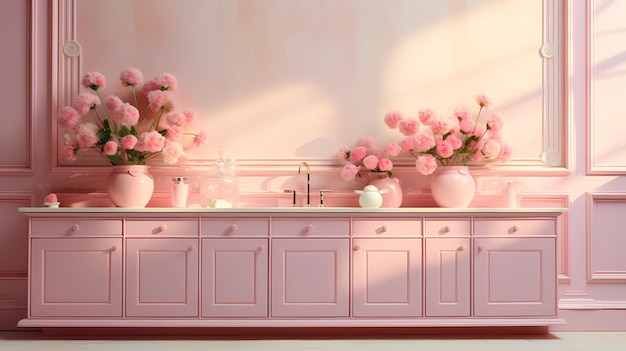 Wnętrze stylowej nowoczesnej kuchni w różowych odcieniach Wygenerowano AI