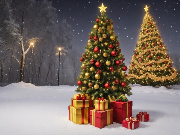 Wnętrze świąteczne magia świecące drzewo kominek prezenty w ciemności w nocy