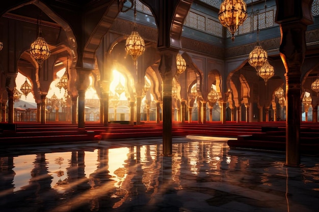 Wnętrze świętego meczetu z pięknym oświetleniem