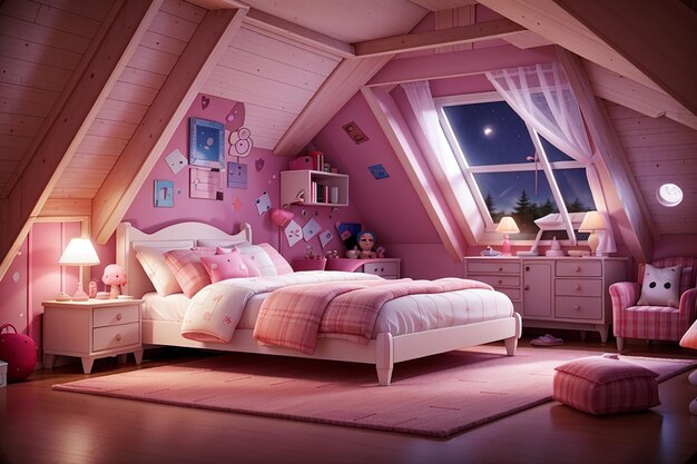 Wnętrze sypialni dziewczyny na strychu w nocy