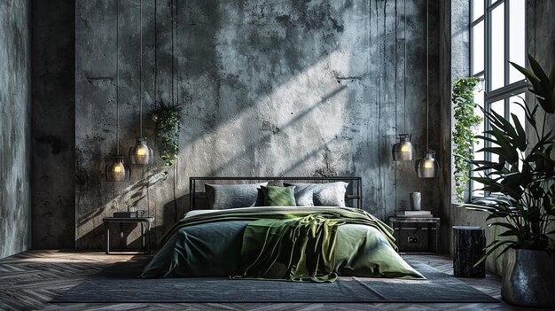 Zdjęcie wnętrze sypialni minimalnie estetyczne renderowane w 3d