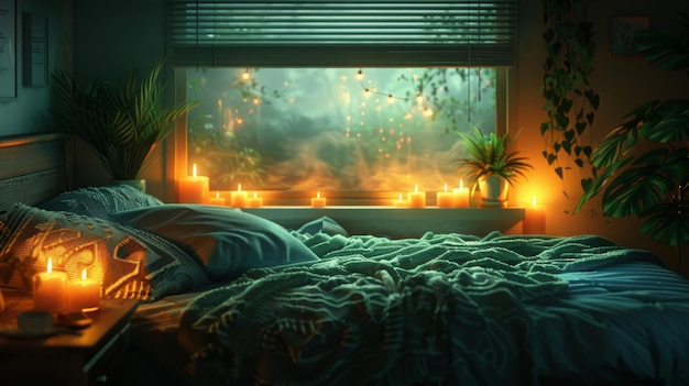 Wnętrze sypialni oświetlone przez świecącą lampę w nocy i zielone koce na łóżku
