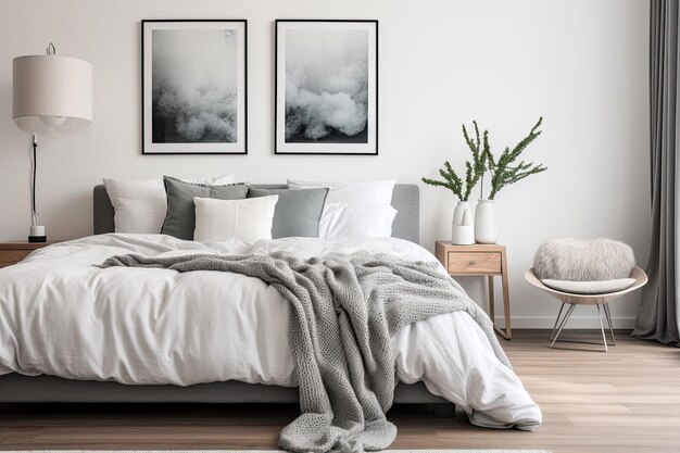 Wnętrze sypialni w nowoczesnym stylu, ciepłe i przytulne, z drewnianą dekoracją. Przytulny beżowy odcień. Generative Ai