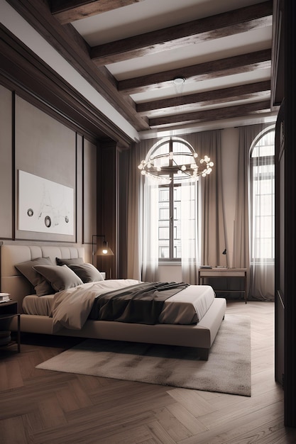 Wnętrze sypialni w stylu klasycznym z nowoczesnym łóżkiem w luksusowym domu Generative AI content