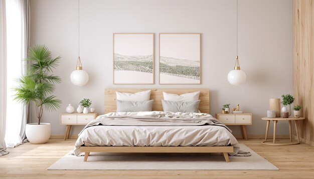 Wnętrze sypialni z białymi ścianami i drewnianą podłogą 3d rendering