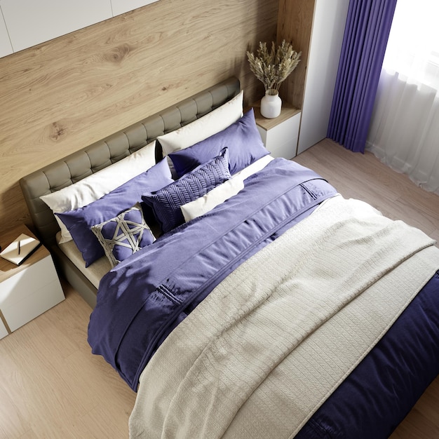 Wnętrze sypialni z fioletowymi zasłonami i pościelą. renderowania 3D. Widok z góry