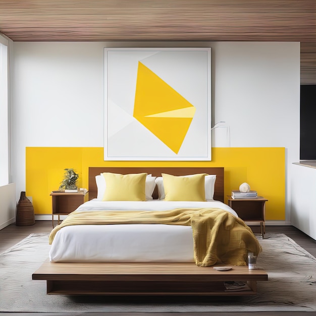 wnętrze sypialni z nowoczesnym żółtym łóżkiem na ścianienowoczesne wnętrze sypialni z białym łóżkiem i żółtym