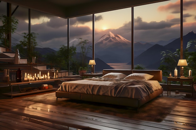 wnętrze sypialni z widokiem na góry