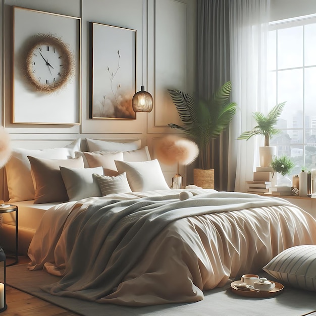 Zdjęcie wnętrze sypialni z wygodnym łóżkiem promującym relaks generatywna sztuczna inteligencja