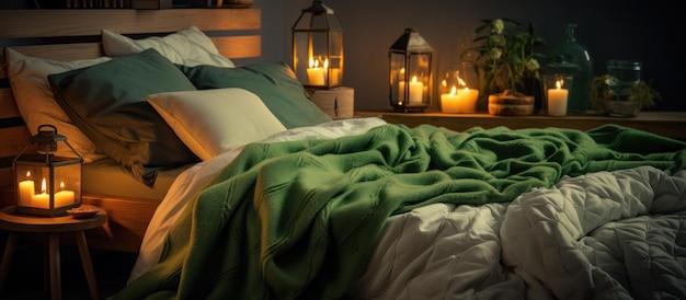 Zdjęcie wnętrze sypialni z zielonymi kocykami na łóżku