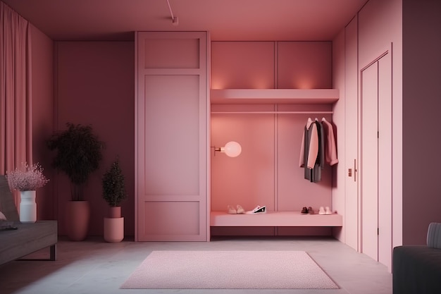 Wnętrze szafy w różowych kolorach w nowoczesnym domu
