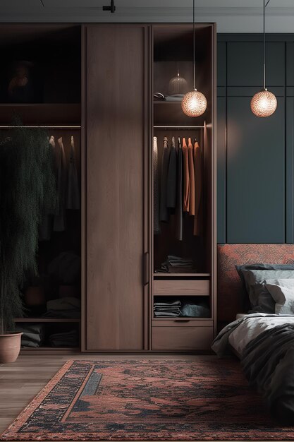 Wnętrze szafy w sypialni w ciemnych kolorach