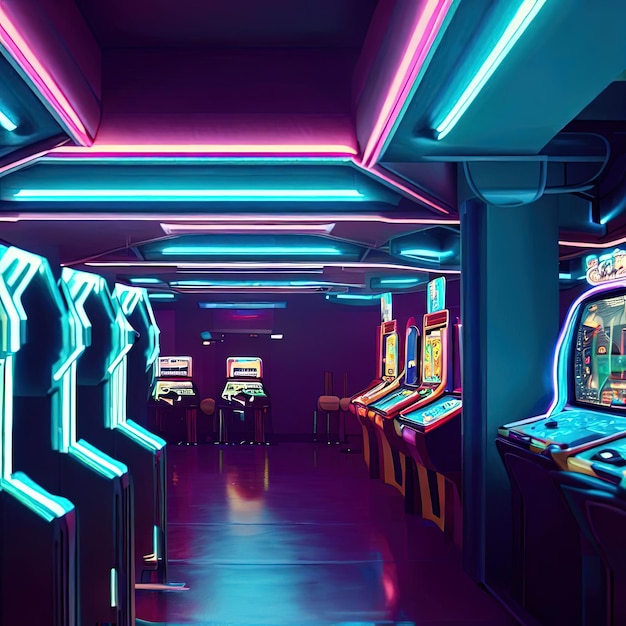 Wnętrze Video Arcade z neonowym światłem z generatywną sztuczną inteligencją