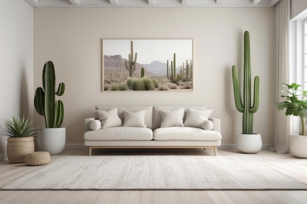 wnętrze w białych kolorach teksturowych salon beżowy kanapa z dywanem i dużym kaktusem