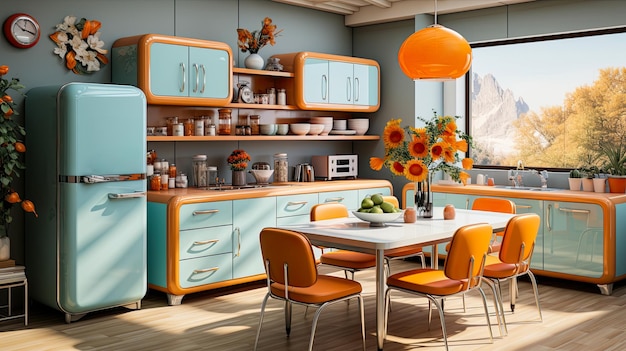 Wnętrze w kolorach niebieskim i pomarańczowym, kuchnia w stylu lat 60., wysokiej jakości cyfrowa wersja projektu