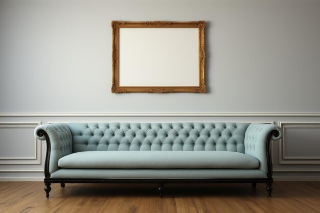 Wnętrze w stylu art deco z wykwintną niebieską sofą i pustą ramką do makiety plakatu Generative AI