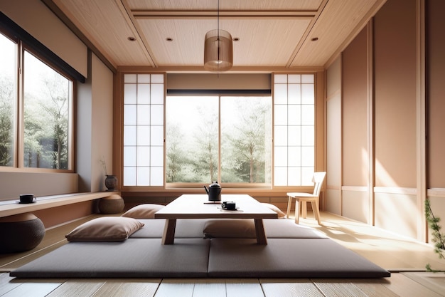 Wnętrze w stylu japońskim z minimalistycznymi meblami i naturalnymi elementami stworzonymi za pomocą generative ai