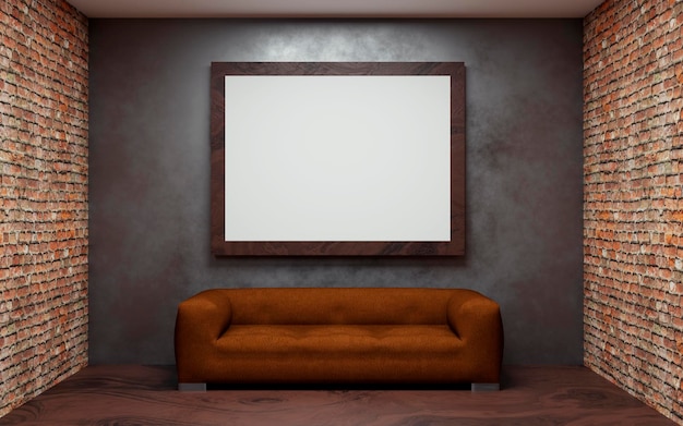 Wnętrze w stylu loftu z makietą na metalowej ścianie 3d pokój z sofą drewnianą podłogą ceglaną ścianą