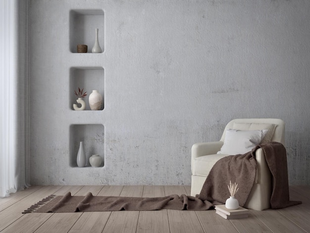 Wnętrze w stylu śródziemnomorskim Fotele na drewnianej podłodze i białym betonowym tle