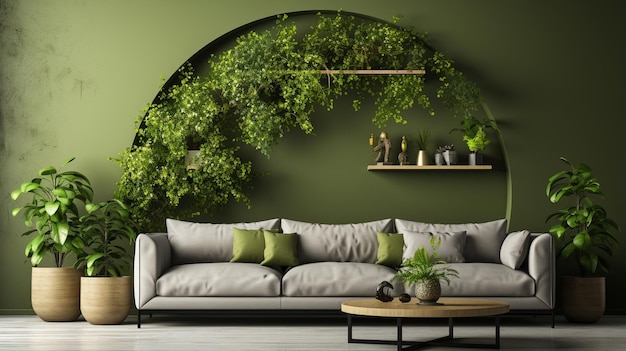 Zdjęcie wnętrze współczesnego salonu z zieloną kanapą, zielonymi roślinami i zielonymi ścianami