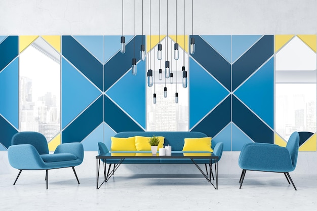 Wnętrze wygodnej kawiarni z niebieskimi geometrycznymi ścianami, oknami w kształcie rombu i niebieską sofą z fotelami przy czarnym stoliku kawowym. renderowania 3D
