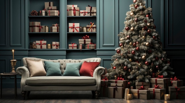 Wnętrze wyrafinowanego salonu ozdobionego choinką i prezentami świątecznymi
