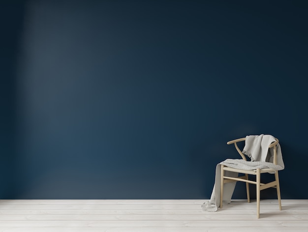 Wnętrze z ciemny niebieski zielony ściany drewniane krzesło i opróżnia tło ściany