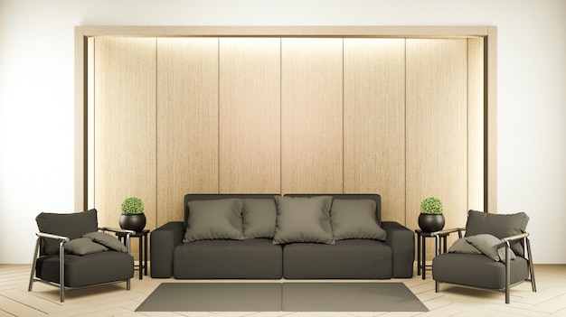Wnętrze z czarną sofą i dekoracją w japońskim stylu na pokoju zen. Renderowanie 3D