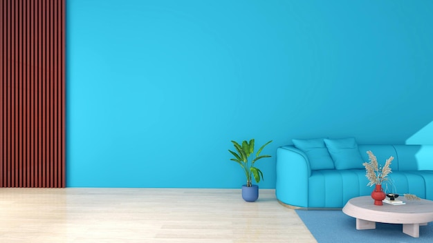 Wnętrze z niebieską ścianą i sofą 3D renderuje ilustrację makiety sceny