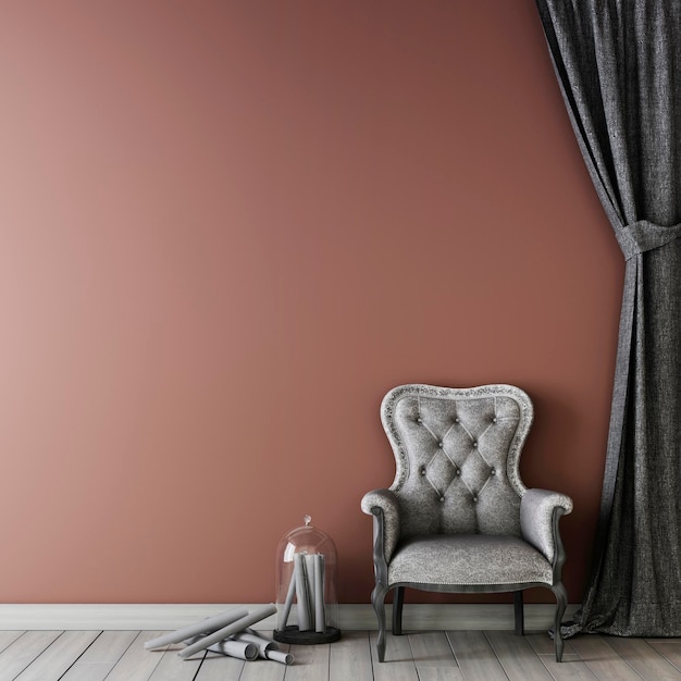 Wnętrze z pustą ścianą i fotelem z zasłoną na tle pustej ściany 3D render 3d illustration