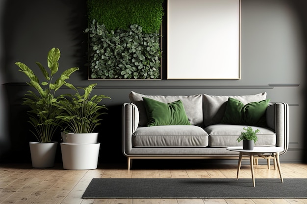 Wnętrze z roślinami dywanowymi i szarą sofą makiety dla ilustracji