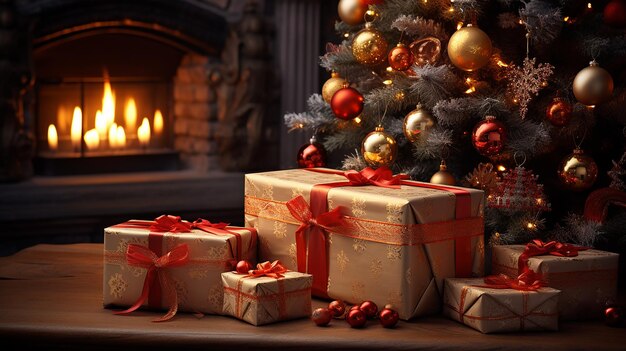 wnętrze z świątecznymi dekoracjami czerwony i żółty ciepłe kolory piękna choinka i prezent
