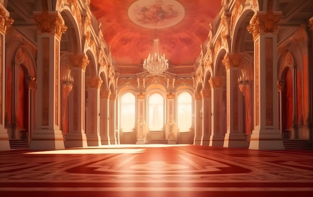 Zdjęcie wnętrze zamku z żyrandolem zwisającym z sufitu.
