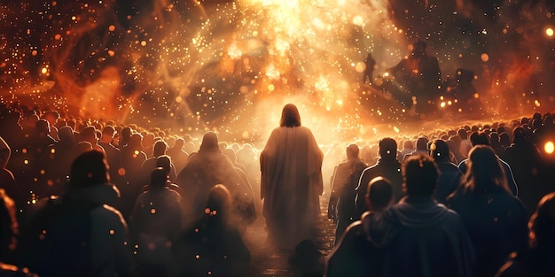 Zdjęcie wniebowstąpienie jezusa z boskim światłem i naśladowcami poniżej koncepcja sztuka religijna powstanie jezusa z bożym światłem naśladowcy poniżej