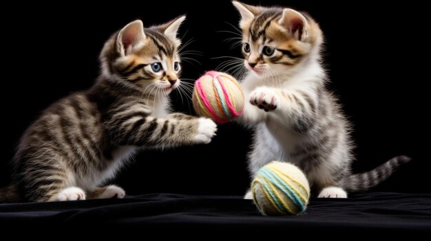 Wo tabby kociaki bawią się razem z piłką przędzy