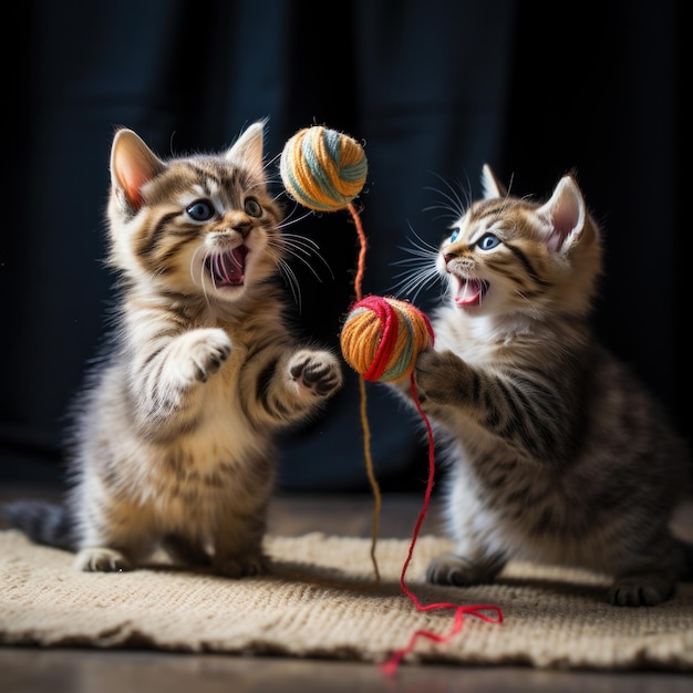 Zdjęcie wo tabby kociaki bawią się razem z piłką przędzy