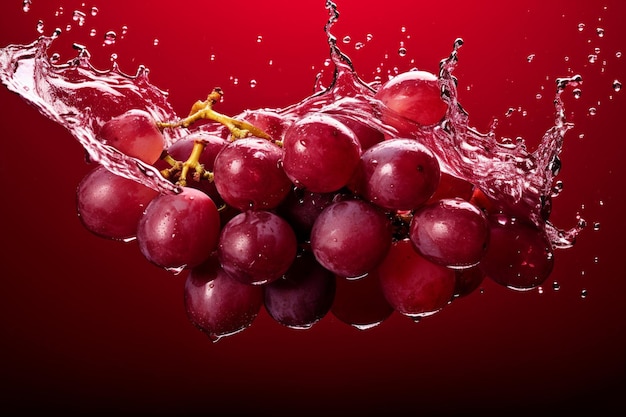 Woda rozpryskana na świeże czerwone winogrona z liśćmi odizolowanymi na czerwonym tle