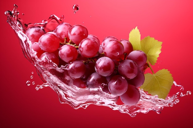 Woda rozpryskana na świeże czerwone winogrona z liśćmi odizolowanymi na czerwonym tle