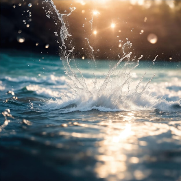 Woda rozpryskuje się z błyszczącym, ostrymi, promieniującymi odbiciami, słońce błyszczy.