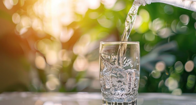 Woda wlewana do szklanki na białym stole w słoneczny dzień z niewyraźnym tłem