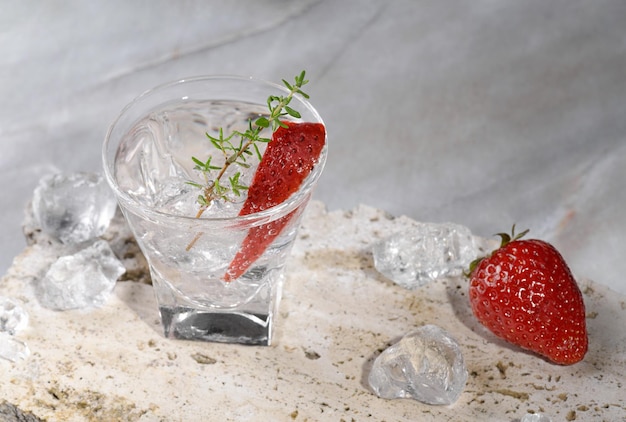 Wódka w kieliszku z lodem ozdobiona plasterkiem truskawki i tymiankiem na trawertynowym podium na różu