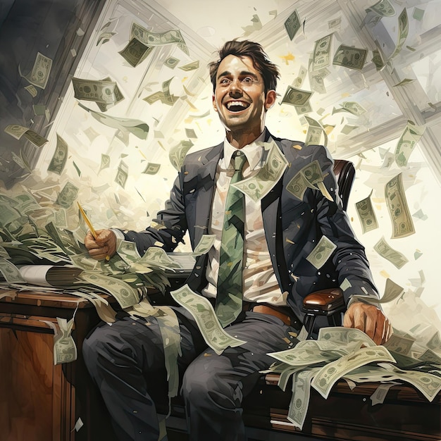 wodna ilustracja przedstawiająca biznesmena z deszczem dolarów