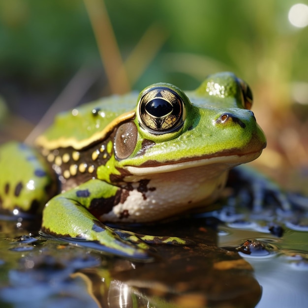 Wodna zielona żaba Rana esculenta przedstawiona w swoim naturalnym środowisku