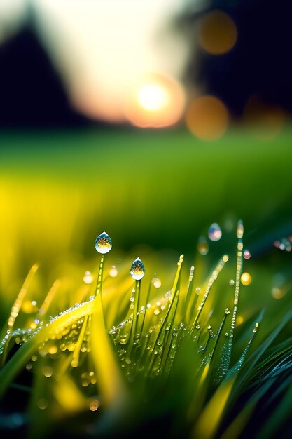 Wodne krople rosy na źdźbłach trawy Poranna wilgoć na trawniku Letni deszcz