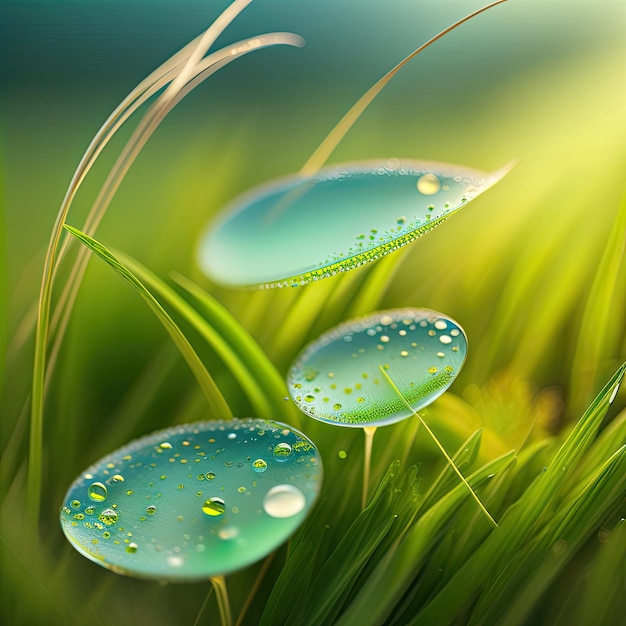 Wodne krople rosy na źdźbłach trawy Poranna wilgoć na trawniku Letni deszcz