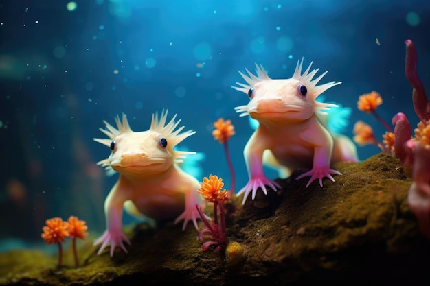 Zdjęcie wodne płazy axolotle w pięknie zaprojektowanym środowisku podwodnym