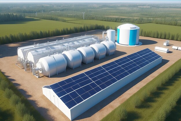 Zdjęcie wodór do produkcji energii odnawialnej, gaz wodorowy do produkcji czystej energii elektrycznej, instalacje słoneczne i wiatrowe, rendering 3d