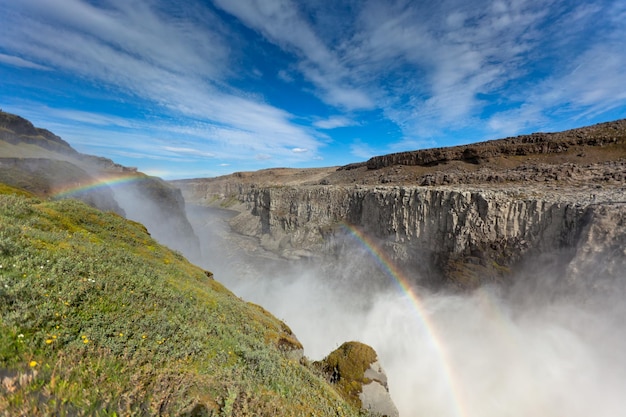 Wodospad Dettifoss Na Islandii Pod Błękitnym Letnim Niebem