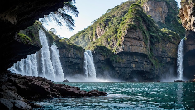 wodospad jest widoczny z wody w oceanie w pobliżu skalistej ściany klifu i zbiornika wodnego