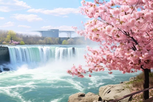 Wodospad Niagara z różowymi kwiatami wiśni wiosną Ontario Kanada Piękne wiosenne widoki na wodospad Niagara Wygenerowano AI